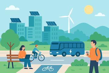  Eco-friendly city with electric bus, bicycle, and wind turbines.