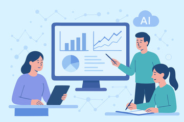  Business team analyzing artificial intelligence data and graphs.