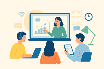 Woman giving online business presentation on large screen with team attending.