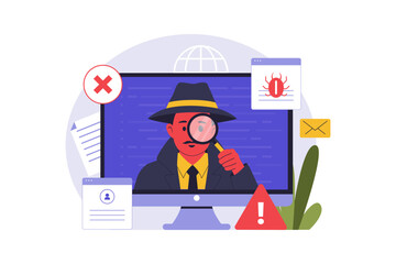 Digital Espionage and Spyware Malware Threat Illustration. Illustration of a Hacker Spying on a Computer Screen to Steal User Data and Private Information, Highlighting Cybersecurity Risks. Vector Fla