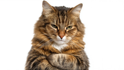 Fototapeta premium Angry reaction grumpy tabby cat with arms crossed