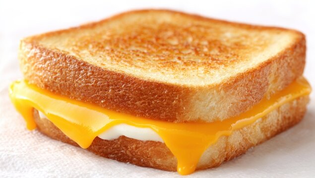 Golden grilled cheese sandwich square toast, melted orange cheese oozing, and white filling, on a textured white background