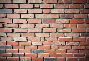 Obraz premium Cracked, faded red brick wall, showing age and texture, stock photo, building