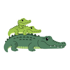 Obraz premium Cartoon Illustration of a Dark Green Crocodile with Two Smaller Light Green Crocodiles on Top Against a Clean White Background