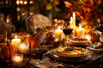A warm and inviting Thanksgiving dinner scene with a roasted turkey and candlelight.