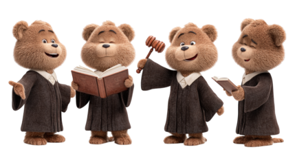 Four smiling cartoon bears as judges in robes One holds a gavel others read books