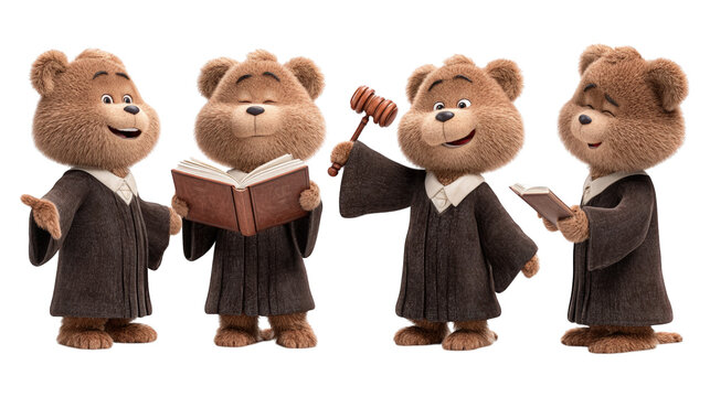 Four smiling cartoon bears as judges in robes One holds a gavel others read books - Powered by Adobe