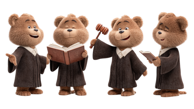 Four smiling cartoon bears as judges in robes One holds a gavel others read books