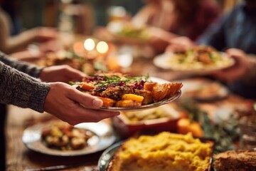 Thanksgiving dinner table with delicious food being served to guests