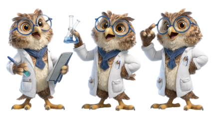 Three cartoon owl scientists in white lab coats blue glasses holding lab equipment transparent background