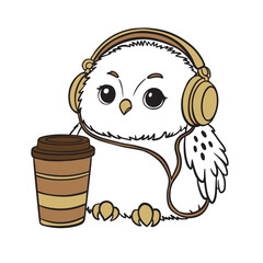 Cute Little Owl in Yellow Headphones and a Cup of Coffee Drink. Funny Character Listening to Music, Vector Children's Illustration
