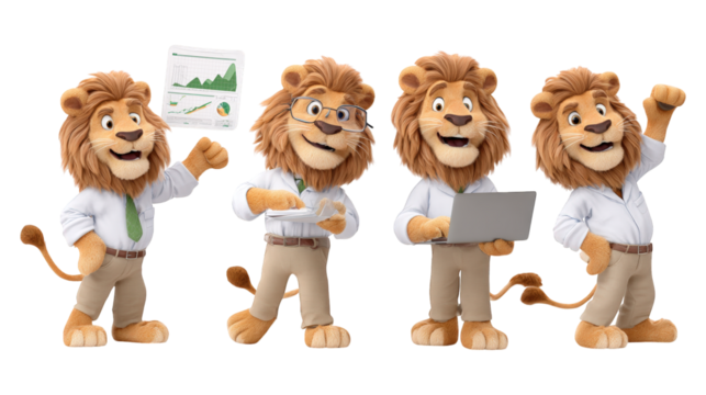Business dressed 3D cartoon lions showing financial data computing and success gestures transparent background