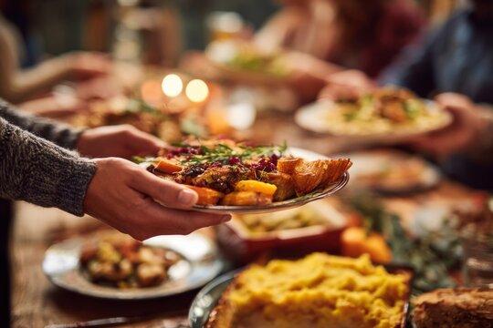 Thanksgiving dinner table with delicious food being served to guests - Powered by Adobe