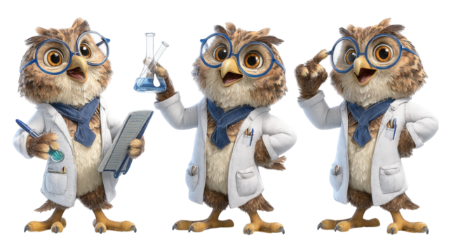 Three cartoon owl scientists in white lab coats blue glasses holding lab equipment transparent background