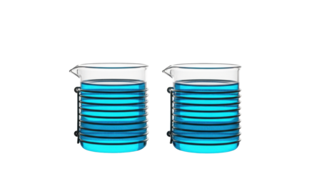 Two borosilicate glass beakers with glowing cerulean blue chemical solution, wrapped in stainless steel wire, on dark gray lab bench, white background with copy space, concept of advanced scientific
