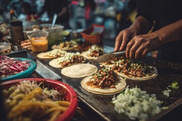 A chef meticulously prepares delicious tacos, a staple of mexican street food.