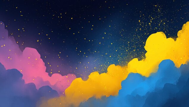 Whimsical sky filled with pink, yellow, and blue clouds against a starry indigo background