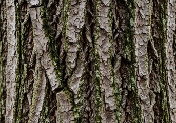 Obraz premium Detailed close-up of textured tree bark with intricate patterns and green lichen.