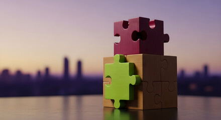 Stacked colorful puzzle pieces solution connection city background