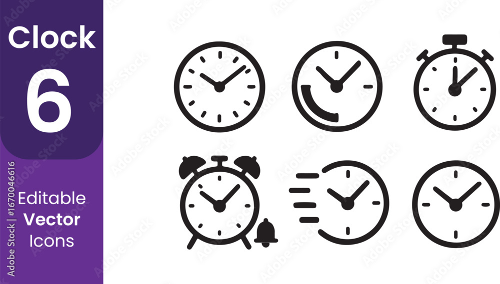 Poster collection of six different clock icons representing time and measurement