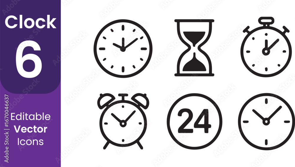 Poster collection of six different clock icons including analog clocks hourglass stopwatch alarm clock and 