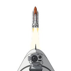Obraz premium Pixel Art of a Rocket Launching Into Space With Fiery Propulsion on White Background