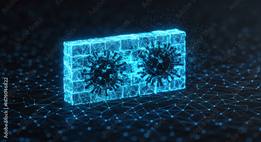 Poster digital firewall concept protecting network from cyber viruses, symbolizing advanced cybersecurity d