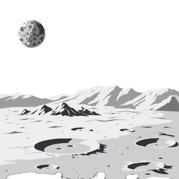Pixel Art Moon Surface with Craters and Mountains in Gray Scale with Textured Rock and Distant Celestial Body