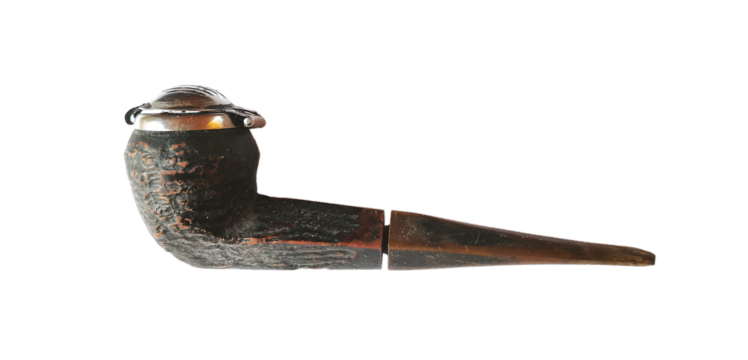 Vintage wooden smoking pipe with a metal lid isolated on transparent background. Perfect for retro design, history themes, collectors, or nostalgic artwork