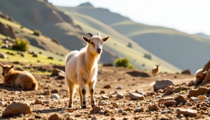 There's a goat standing in an outdoor setting with mountainous terrain