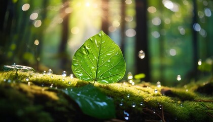 a glistening emerald leaf kissed by morning dew basks in the soft forest glow