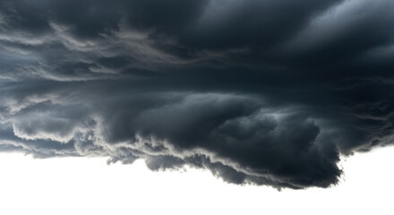 Immense, turbulent dark grey nimbostratus cloud, intricate swirling patterns, rough texture, hanging low against stark white background, dramatic rim lighting, raw natural power