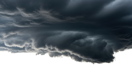 Immense, turbulent dark grey nimbostratus cloud, intricate swirling patterns, rough texture, hanging low against stark white background, dramatic rim lighting, raw natural power