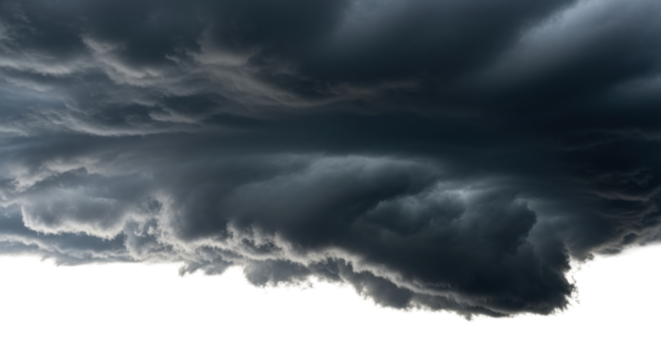Immense, turbulent dark grey nimbostratus cloud, intricate swirling patterns, rough texture, hanging low against stark white background, dramatic rim lighting, raw natural power