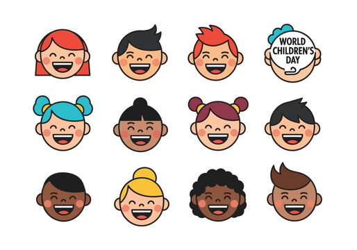 Faces of children smiling from different ethnicities for world childrens day. Suitable for global diversity campaigns, educational materials, and childrens charity promotions.