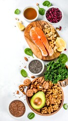 Healthy foods arranged on a white surface