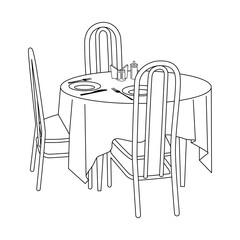 table in a restaurant or cafe and three chairs are drawn in outline. sketch of a place for a date, lunch, or cafe setting. stock vector illustration. EPS 10.