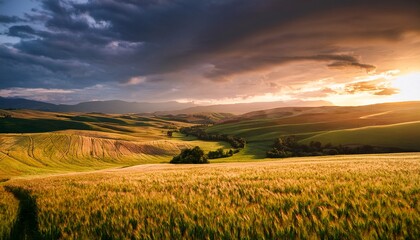 Fototapeta premium golden hour sunlight bathes rolling hills and wheat fields under a dramatic sky