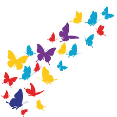Fototapeta premium Group of Multicolored Butterflies in Flight on White Background Vector Illustration