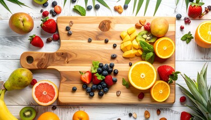 wooden cutting board with fresh fruits, top-down 