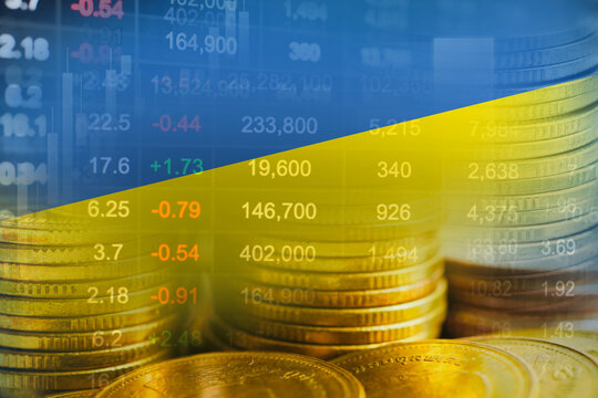Ukraine flag with stock market finance, economy trend graph digital technology.