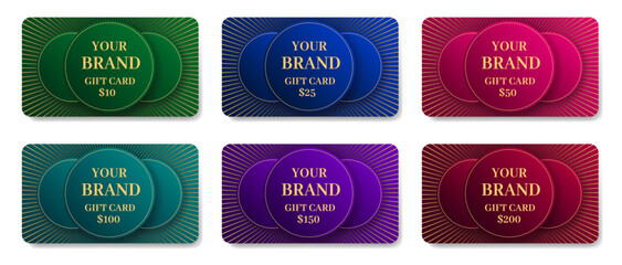 Gift cards mockups with shadows. Background template with abstract pattern. Voucher or coupon	