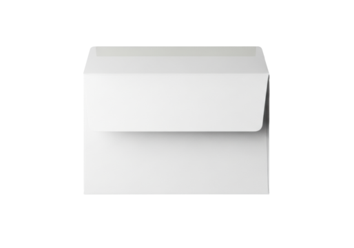 Pristine brilliant white envelope with partially open square flap, smooth matte finish, sharp edges, centered on transparent background with copy space, concept of meticulous professional