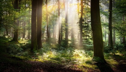 Obraz premium enchanted forest illumination captivating light beams in a mystical woodland setting