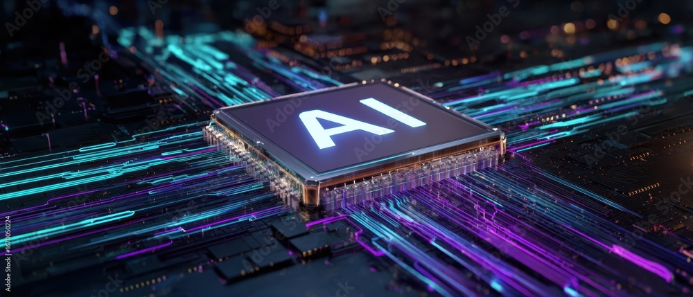 Poster the ai microchip illuminated on a futuristic circuit board with neon data streams
