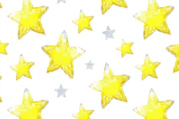 Repeating pattern of hand-drawn yellow stars with white outlines, plus a few grey stars on a white background