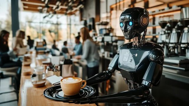 Robot waiter serving coffee cup in modern cafe restaurant symbol of future technology service and artificial life