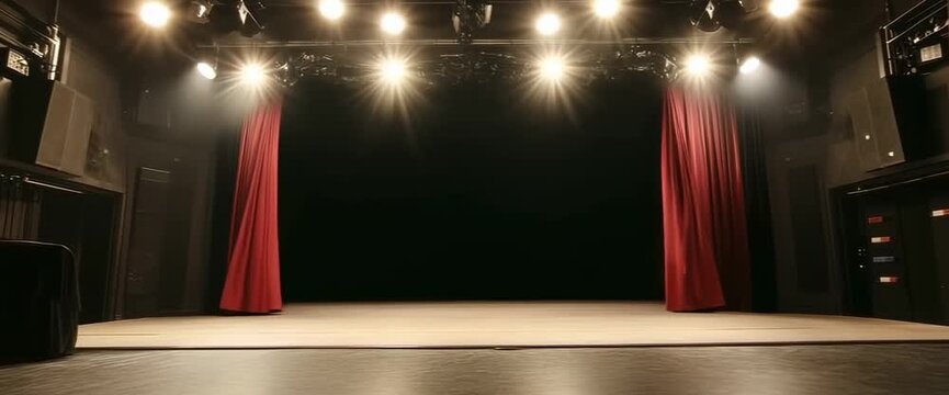 A stage with red curtains and lights. The curtains are open and the stage is empty. Scene is one of anticipation and excitement, as if the stage is ready for a performance