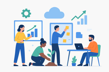 Team collaborating on project with charts and progress board.