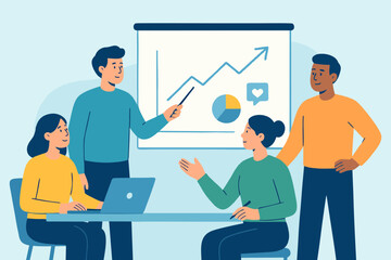 Business people giving presentation with charts and data analysis in meeting room.